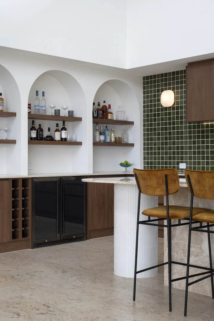 Modern kitchen with bar counter and shelves