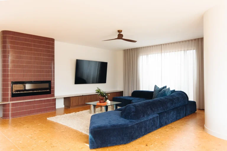 Modern living room with fireplace and TV