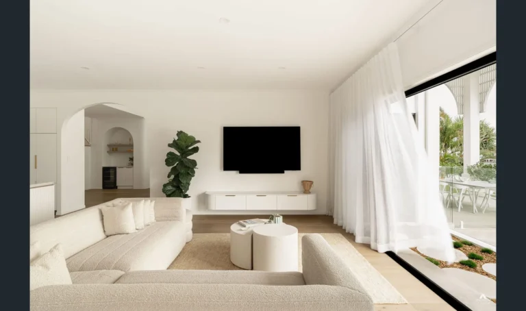 Modern living room, minimalist design, indoor plant, large TV