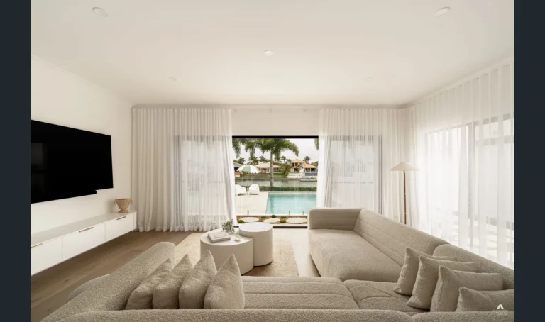 Bright living room with pool view