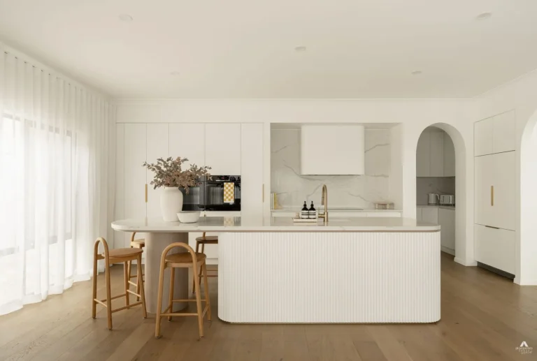 Modern minimalist white kitchen with island